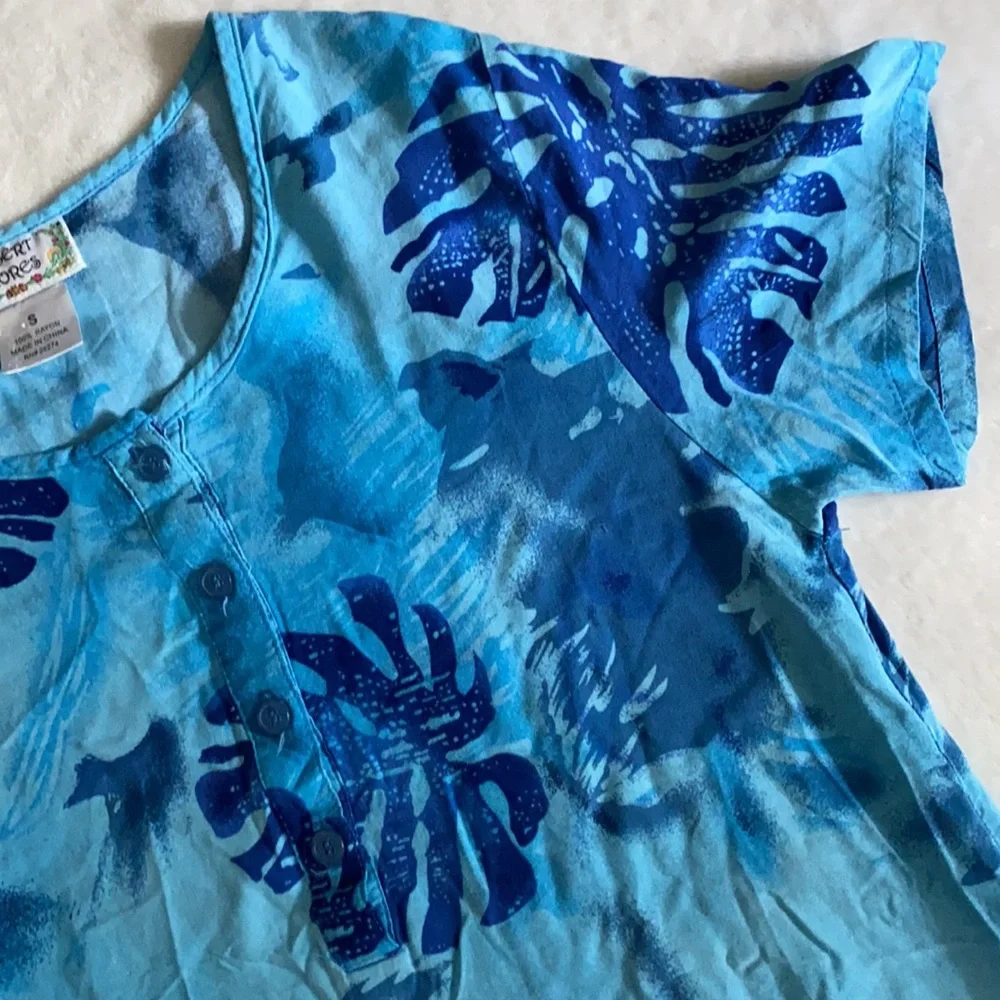 {VTG} Desert Shores | Tropical Palm Tree Leaf Print Short Sleeve Midi Dress Blue - Picture 5 of 15